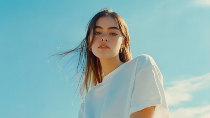  Smiling woman in sunshine with windblown hair