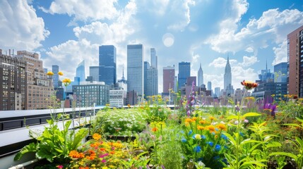 A vibrant city rooftop garden brimming with colorful flowers and greenery stands against a backdrop of towering modern skyscrapers under a bright blue sky.