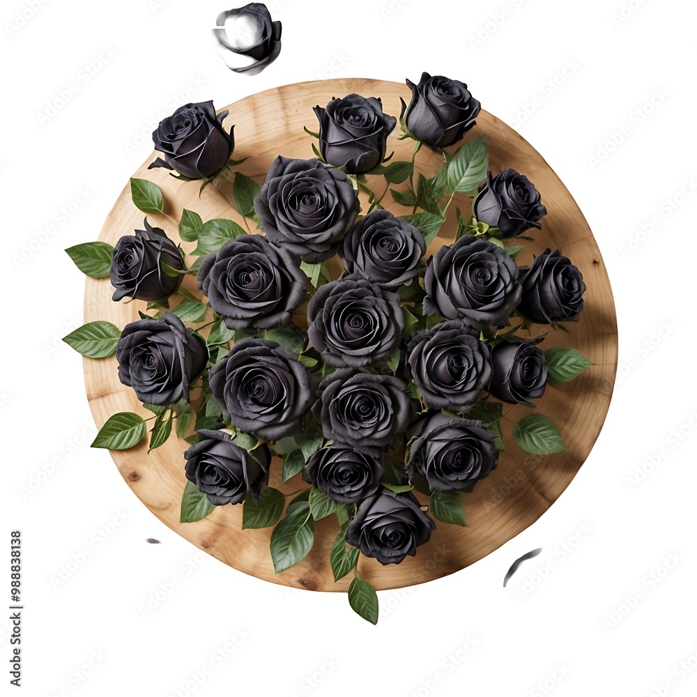 Wall mural a wooden table with a bouquet of black roses from above with a white background.black roses, wooden 