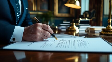 A distinguished individual signs an official document on a polished desk, surrounded by a sophisticated office setting.