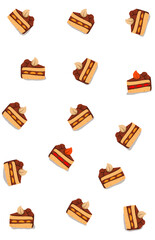 wallpaper of pieces of chocolate and strawberry tart cake issolated on white