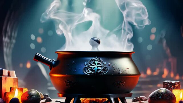 mystical, steaming cauldron placed over a fire, surrounded by magical symbols and glowing objects in a dark, enchanted setting