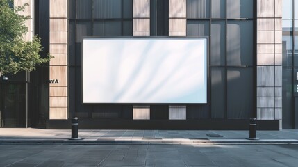 A large, empty white billboard mounted on a stylish modern black building in a quiet urban street setting, ready for advertisement.
