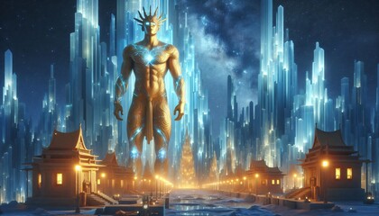 Obraz premium Golden Buddha statue shines brightly under the night sky, its reflection shimmering in the fountain of a historic Moscow park