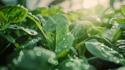 Close-up of vibrant green spinach leaves glittering with dew, basking in the soft morning sunlight.