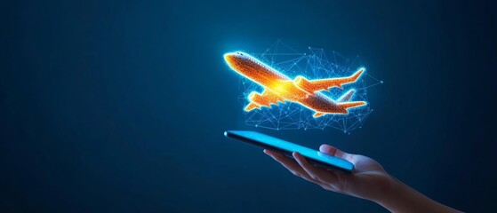 airplane icon emerging from a digital tablet. Digital Travel and Flight Tracking Management System, air travel and aviation technology, Virtual Airline Services and Customer Support.