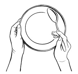 Chef Hands Holding a Plate and Spoon, Outline Sketch Vector Illustration