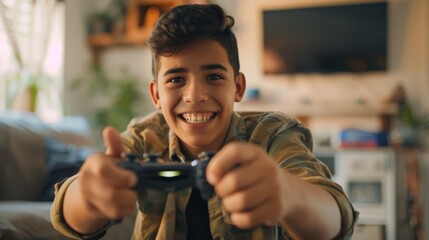 A cheerful boy in an olive green jacket smiles widely as he plays video games, sitting in a cozy living room filled with natural light.