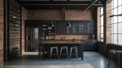 A spacious loft-style kitchen featuring exposed brick walls, modern black cabinetry, industrial lighting, large windows, and a sleek wooden kitchen island for a sophisticated ambiance.