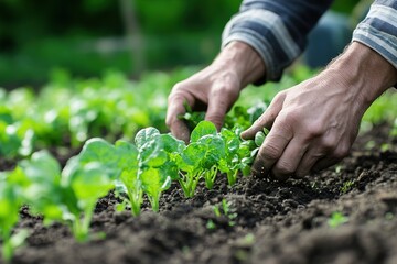 Hands planting young seedlings in fertile soil