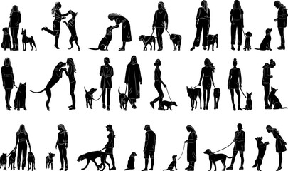 set of silhouettes people and dogs, vector
