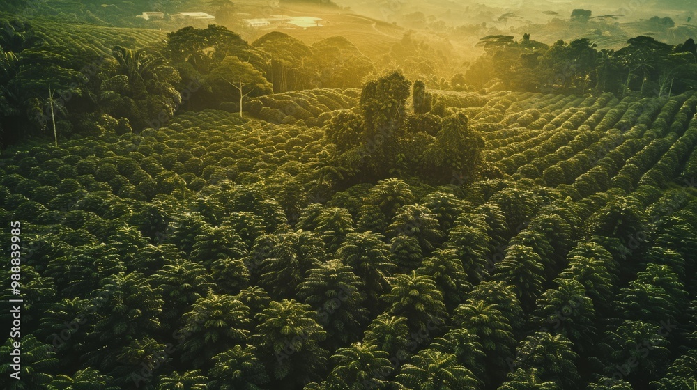 Wall mural A lush, verdant landscape shows rows of neatly arranged trees under a golden sunlight, stretching towards the horizon.