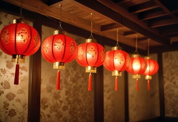Red Chinese lanterns with intricate patterns, hanging in a dark environment with some illumination
