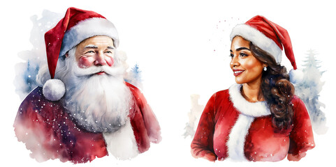 Two Santas, a woman and a man, looking forward to Christmas. Watercolor in bright Christmas colors. 