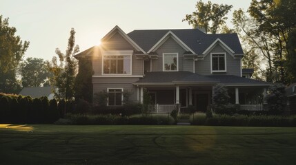 A charming house with a lush front yard, illuminated by the warm glow of the setting sun, exuding a cozy and inviting atmosphere.