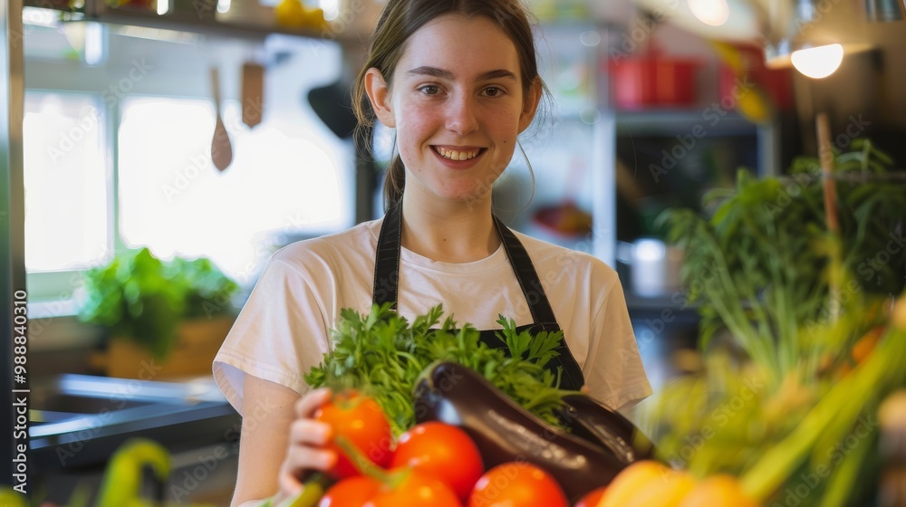 Wall mural A young woman proudly displaying vibrant, freshly picked vegetables in a kitchen, embodying health, vitality, and the pleasures of homemade meals.