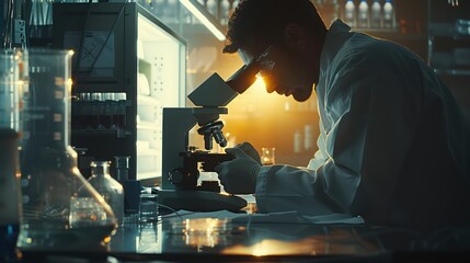 A focused scientist examines a slide under a microscope in a modern laboratory, capturing the essence of scientific discovery.