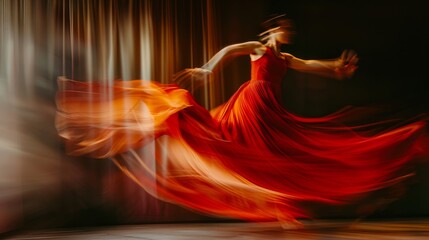 A dancer in a flowing red dress twirls, capturing motion and grace against a blurred golden backdrop.
