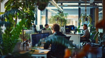 Obraz premium A vibrant, plant-filled office space where focused individuals work at their computers, creating a harmonious blend of nature and technology.