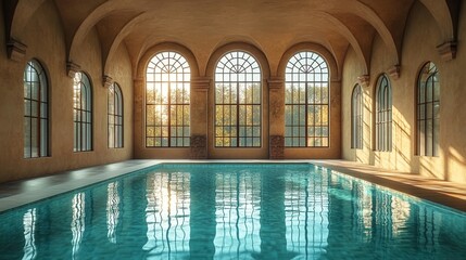 sunlit swimming pool in an elegant historic building featuring arched windows and reflective water surface luxurious classical architecture and a peaceful serene atmosphere