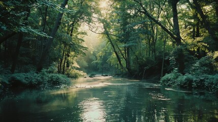 Obraz premium A serene forest river meanders under a canopy of lush greenery, catching the soft sunlight in a tranquil, magical setting.