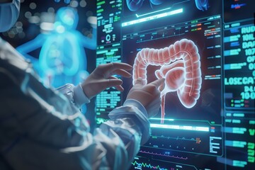 A medical professional analyzes a digital display of human intestines, highlighting advancements in healthcare technology and innovation.