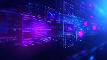 Obraz premium Abstract digital interface with email icons and vibrant neon lights. Email Marketing concept.