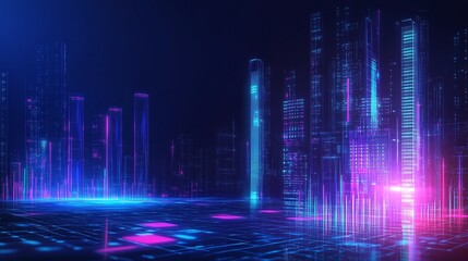 Fototapeta premium Abstract digital landscape with neon lines and glowing patterns