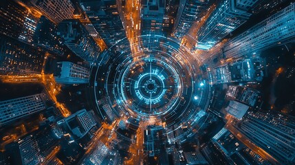 Fototapeta premium Aerial view of modern cityscape at night with vibrant lights.