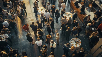 A bustling crowd mingles at a sophisticated event with round tables and food trays, captured from an above view.