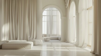 This elegant, light-filled room with high arched windows and soft furnishings emanates tranquility and minimalist sophistication.
