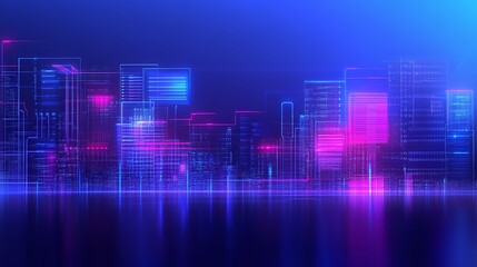 Fototapeta premium Futuristic city skyline with neon lights and glowing effects.