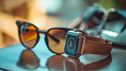 a smartwatch and a pair of sunglasses next to each other on a table, showcasing modern accessories for daily use