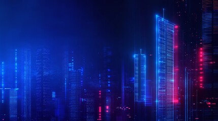 Fototapeta premium Futuristic city skyline with neon lights and digital effects.
