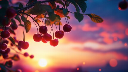 A whimsical scene of cherries hanging from a tree branch with the sunset sky in the background, highlighting the deep red color of the fruit against a glowing horizon.