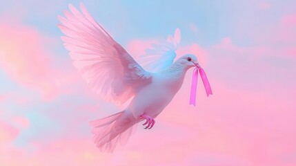 Dove holding a pink ribbon in its beak, flying gracefully against a serene sky, symbolizing peace and hope in breast cancer awareness