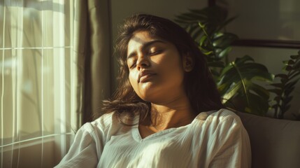 Fototapeta premium A woman in a white blouse peacefully rests with her eyes closed, bathed in warm sunlight near a window, surrounded by green indoor plants.