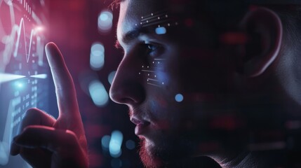 A man intently interacts with a digital interface, surrounded by holographic data and futuristic graphics in a dimly lit setting.