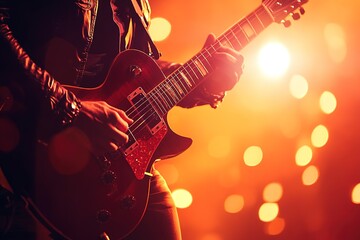Obraz premium Guitarist on stage with vibrant bokeh lights