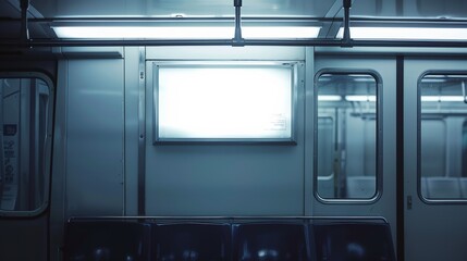 Obraz premium An empty, well-lit subway car evokes a sense of solitude and urban melancholy, with stark fluorescent lights highlighting the metal interior.