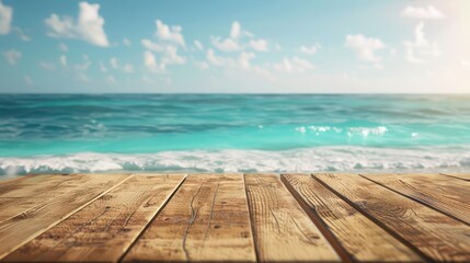 Fototapeta premium A tranquil coastal scene featuring a wooden deck overlooking the serene blue ocean under a bright sky. Perfect for relaxation.