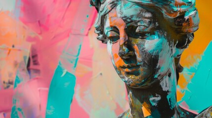 Obraz premium A graffiti-covered statue of a classical bust surrounded by vibrant abstract background art, creating a contrast of old and new.