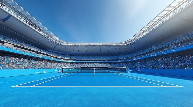 A vibrant tennis court during a sunny day with a packed stadium in the backdrop showcasing an exciting tournament atmosphere
