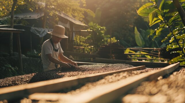 A farmer is carefully drying coffee beans under the golden early morning sun in a rustic, lush setting.