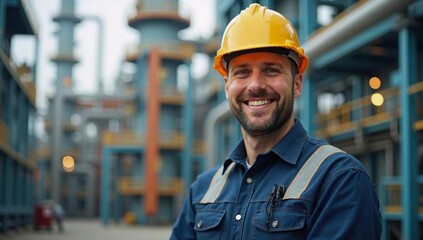 A man wearing a hard hat standing in front of a building.