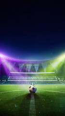 Vertical image. 3D render of soccer stadium with soccer ball resting in center of brightly lit green purple lights arena with cheering crowd on background. Sport, tournament, championship, game, event © master1305