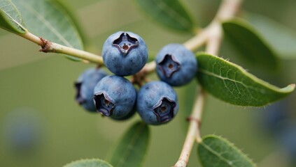 A bunch of blueberries hanging from a tree branch.