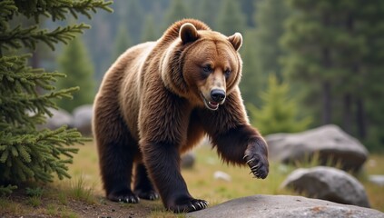 Obraz premium A brown bear walking across a lush green forest.