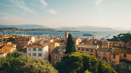Overlooking a quaint coastal village with terracotta roofs, winding streets, and distant sailboats on a bright, sunlit day with mountains and sea in the background.