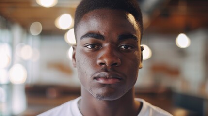 Fototapeta premium A serious-looking young man gazes directly at the camera, set against a background of soft, warm lighting in a relaxed indoor setting.
